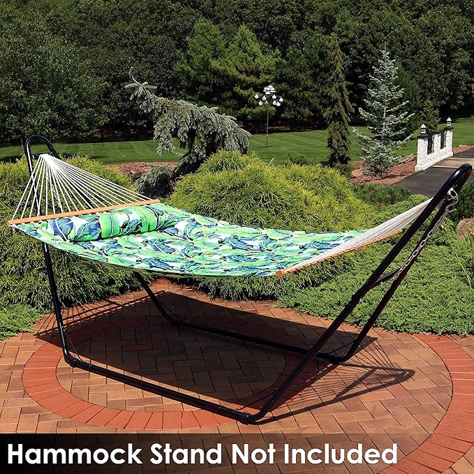 Sunnydaze Quilted Outdoor Hammock with Spreader Bars - Heavy-Duty 450-Pound Capacity Double Hammock for Outside - Exotic Foliage