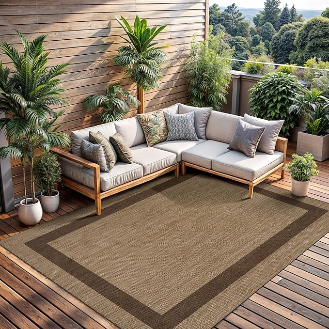 CAMILSON Outdoor Rug 9x12 - Large Modern Outside Rugs for Patios Porches Waterproof Durable Washable Non-Shedding, Easy-to-Clean Indoor Outdoor Area Carpet (9 x 12, Bordered - Jute)