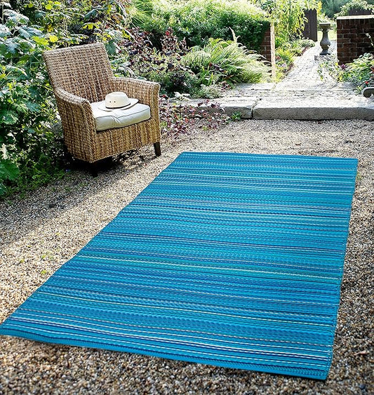 FH Home Outdoor Rug - Waterproof, Fade Resistant, Reversible - Premium Recycled Plastic - Striped - Patio, Deck, Porch, Balcony - Havana - Turquoise Crease Free - 5 x 8 ft
