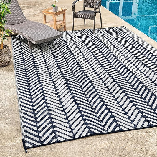 FH Home Outdoor Camping Rug - Waterproof, Fade Resistant, Reversible - Premium Recycled Plastic - Herringbone - Large Patio, Deck, Sunroom, RV - Fresno - Navy - 9 x 12 ft Foldable