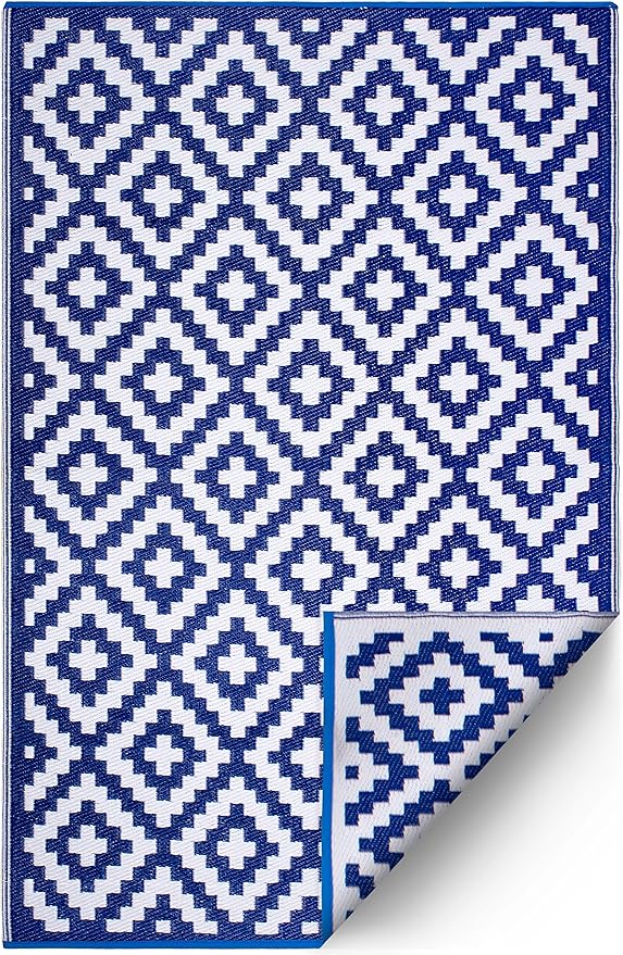FH Home Outdoor Rug - Waterproof, Fade Resistant, Reversible - Premium Recycled Plastic - Geometric - Patio, Porch, Deck, Balcony - Aztec - Blue & White Crease Free - 5 x 8 ft