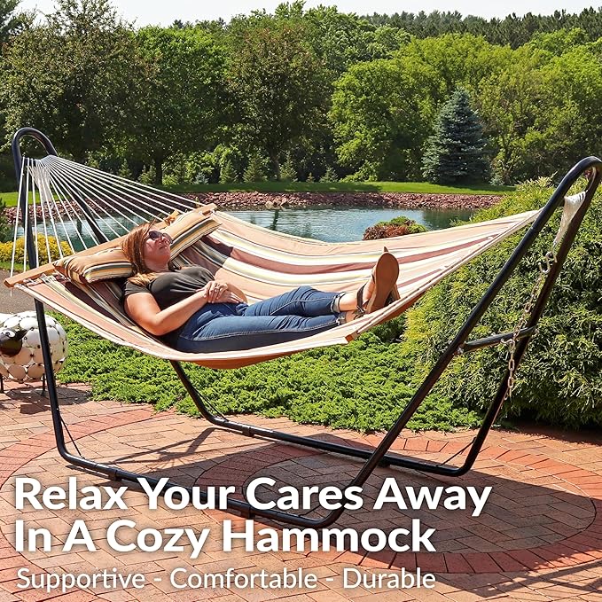 Sunnydaze Quilted Outdoor Hammock with Spreader Bars - Heavy-Duty 450-Pound Capacity Double Hammock for Outside - Sandy Beach
