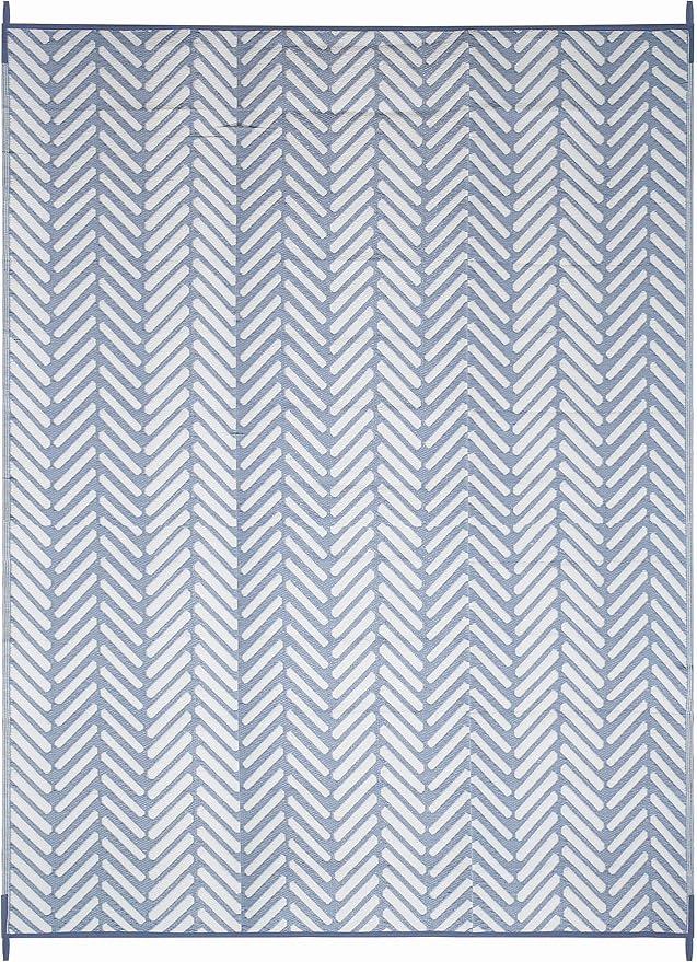 FH Home Outdoor Camping Rug - Waterproof, Fade Resistant, Reversible - Premium Recycled Plastic - Herringbone - Large Patio, Deck, Sunroom, RV - Fresno - Light Blue - 9 x 18 ft Foldable