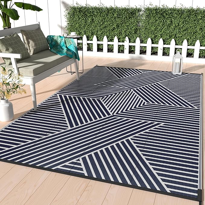 GENIMO Outdoor Rug for Patio Clearance,6'x9' Waterproof Mat,Reversible Plastic Camping Rugs,Rv,Deck,Porch,Camper,Balcony,Backyard (Blue & White)