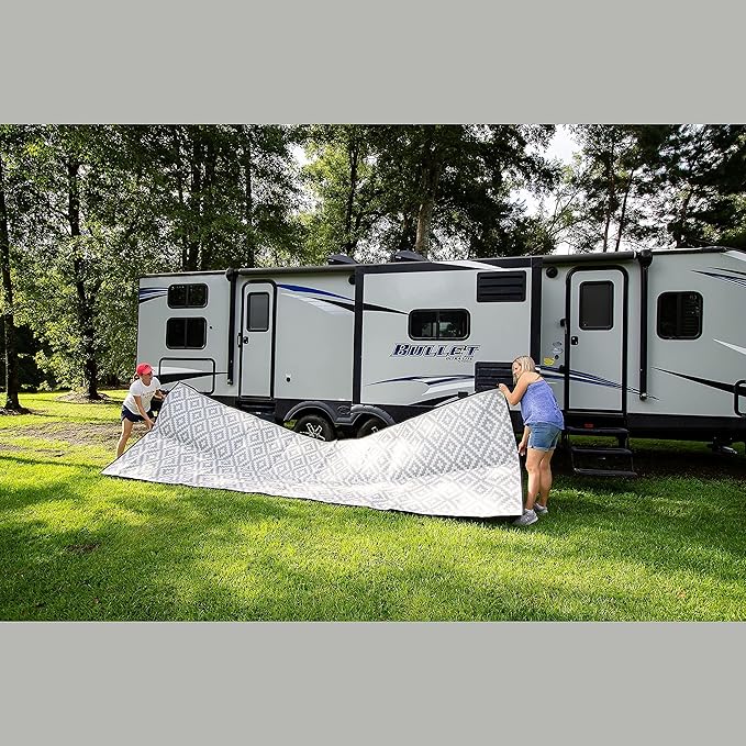 Earth-Friendly RV Patio Mat Size 8' x 16' for Campers, Campsites - Premium 5 mm Thick Heavy Duty, Waterproof, Reversible Rugs Recycled Polypropylene, with Carry Bag (8' x 16', Grey)